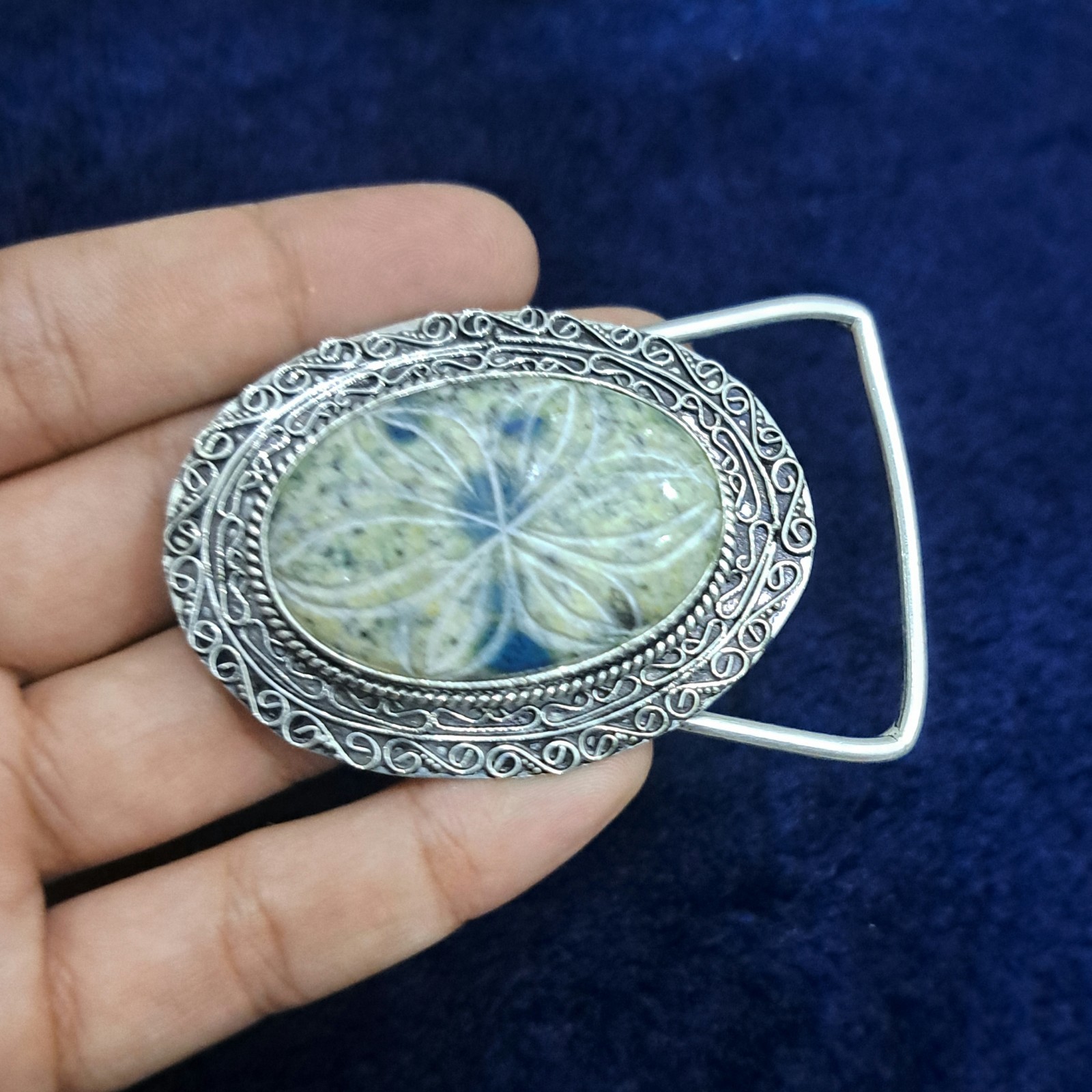 Carved K2 Stone Silver Plated Belt Buckle Handmade Gemstone Western Belt Buckle
