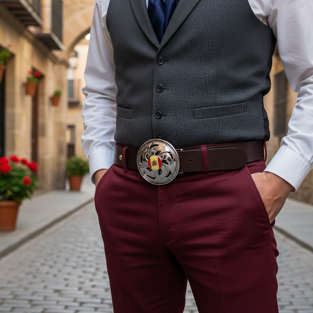 Men Women Silver Metal Belt Buckle Round Spinning Arrows Spain Flag Circle Shape