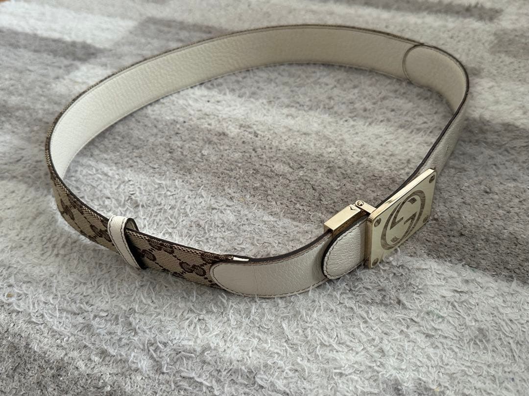 GUCCI buckle belt GG Logo Silver hardware Made in Italy Leather Canvas Beige