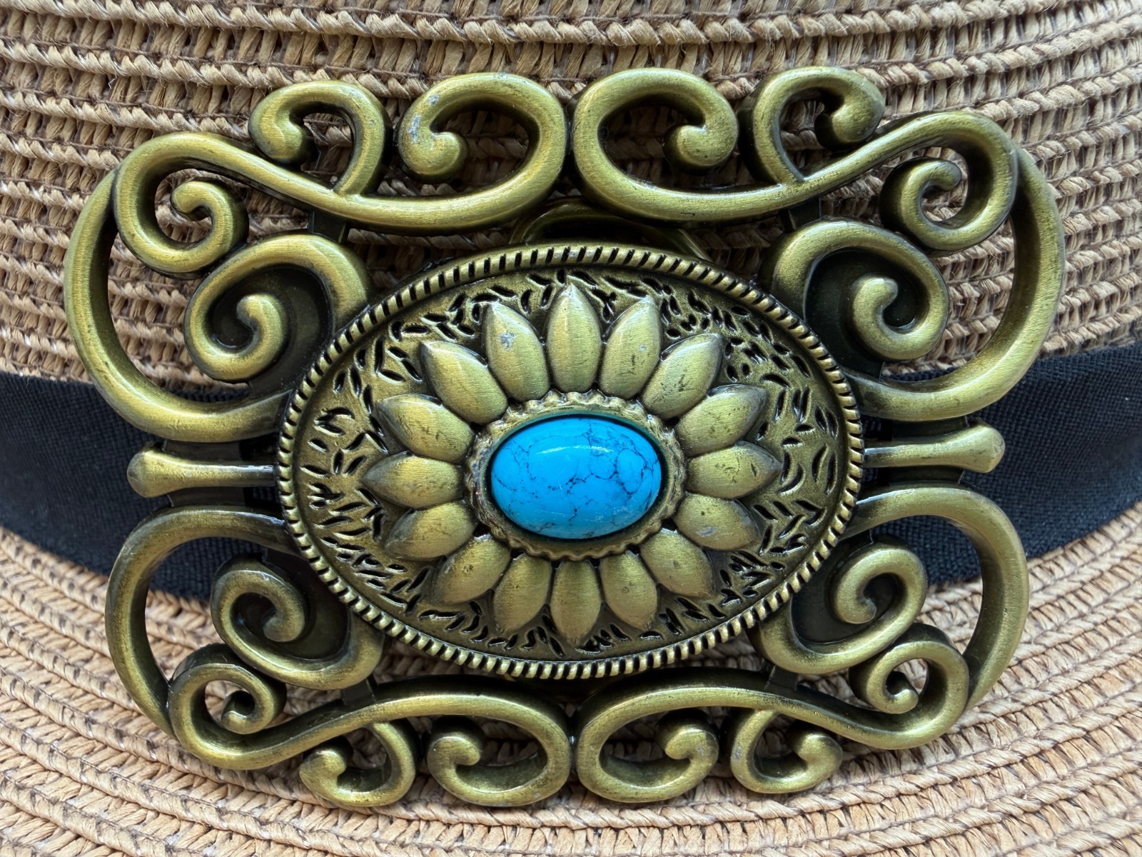 Vintage Western Cowboy Antiqued Bronze Rectangle Floral Turquoise Belt Buckle