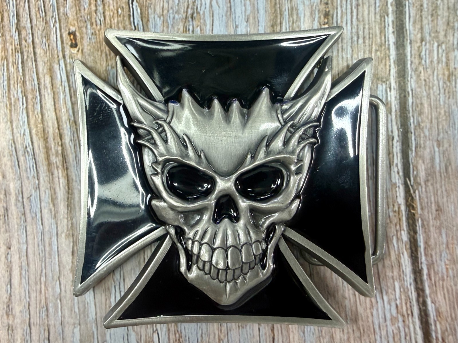 Devil Skull Maltese Cross Enamel Gothic Punk Pewter A-9 Siskiyou Belt Buckle