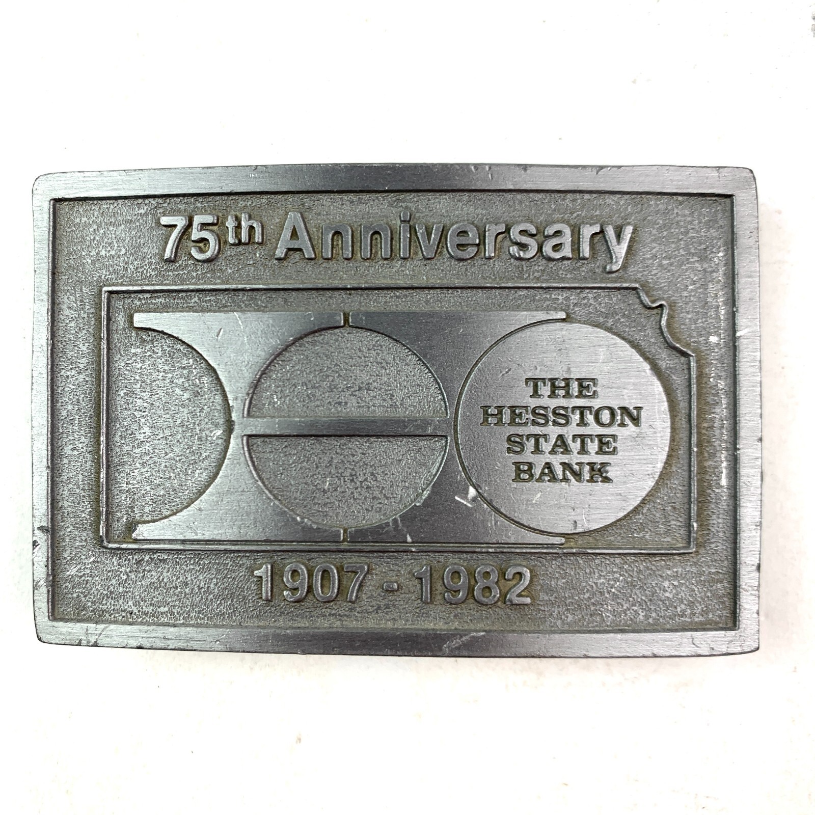 The Hesston State Bank 75th Anniversary Metal Belt Buckle 1907-1982