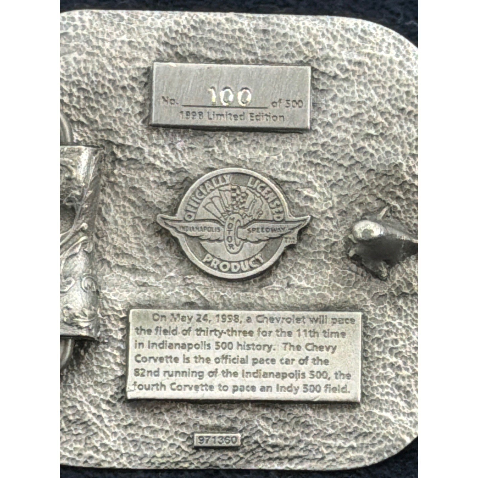 Vtg 1998 Indianapolis 500 Corvette Pace Car Belt Buckle Siskiyou Limited 100/500