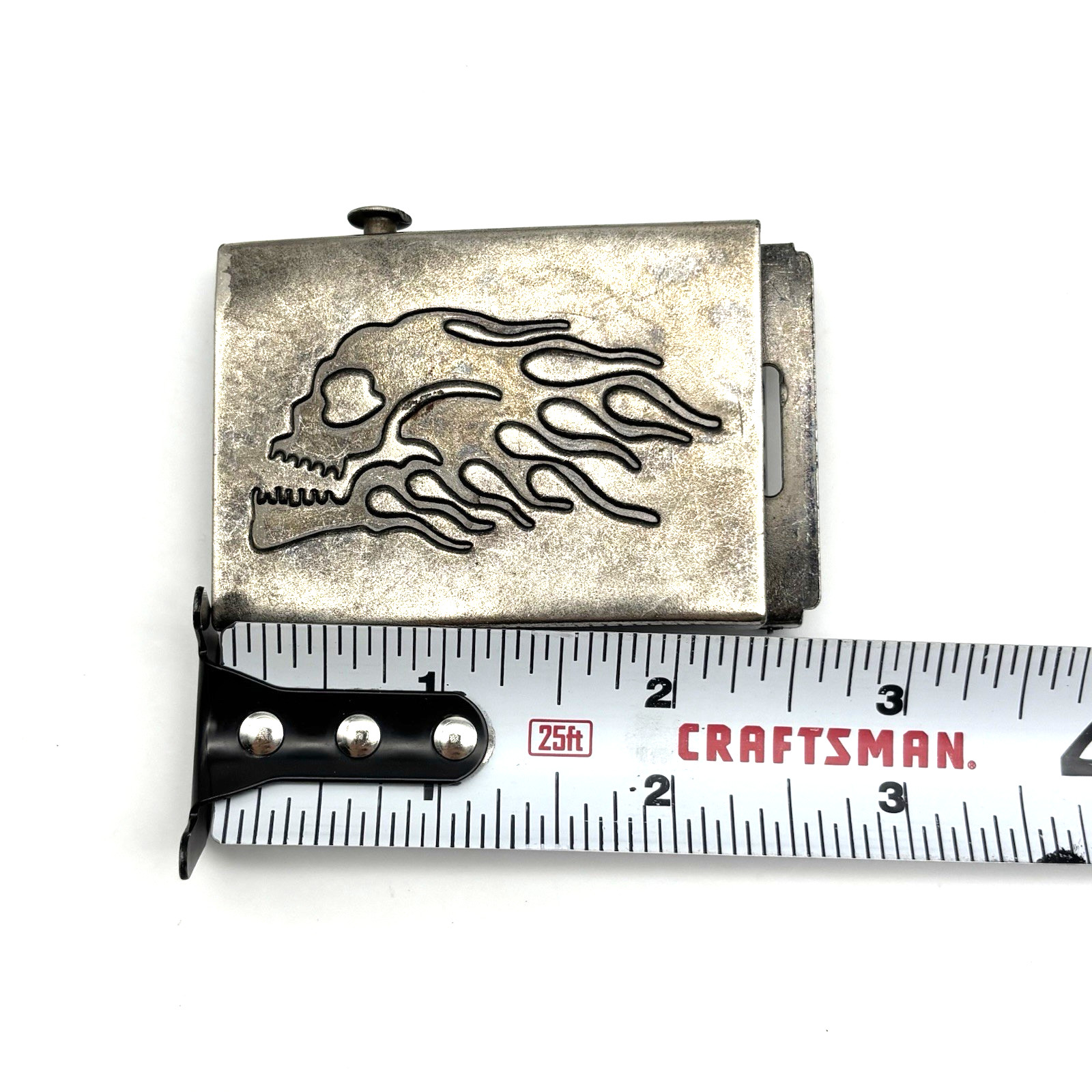 Vintage 90s Silver-tone Metal Flame Skull Military Slide Buckle for 1.5&Prime;Web Belt