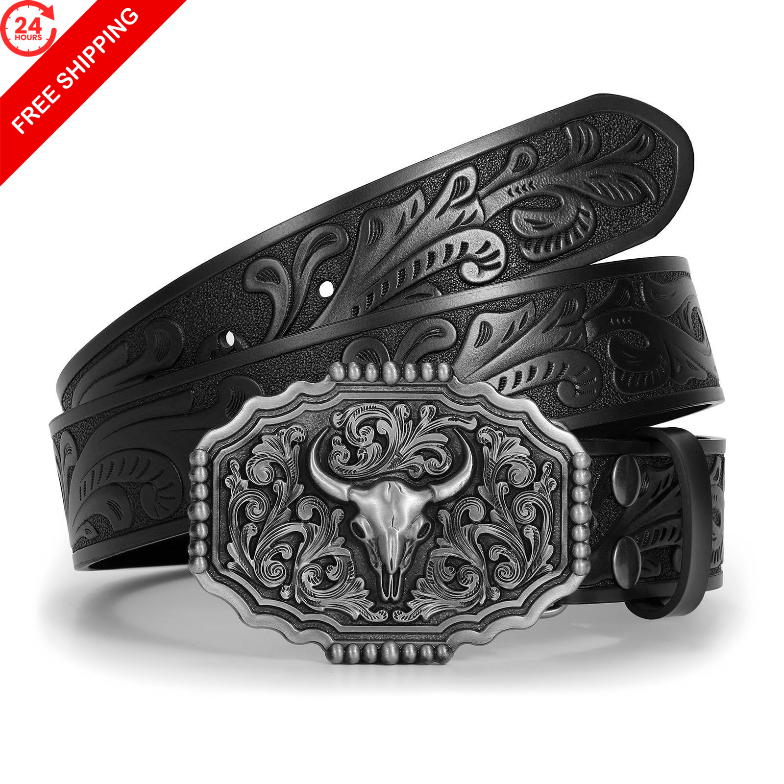 LALATCH Cowboy Belts for Men XS 28&Prime;-32&Prime; Waist, Silver Bull Buckle/ Black