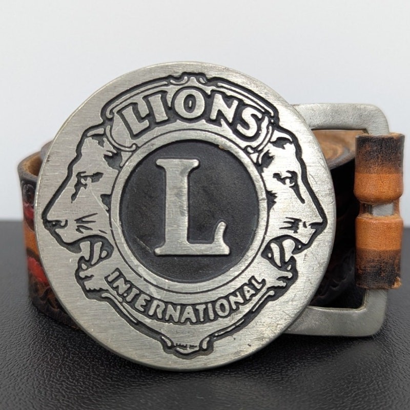 Vintage Lions International Pewter Buckle Tooled Leather Belt Size 36