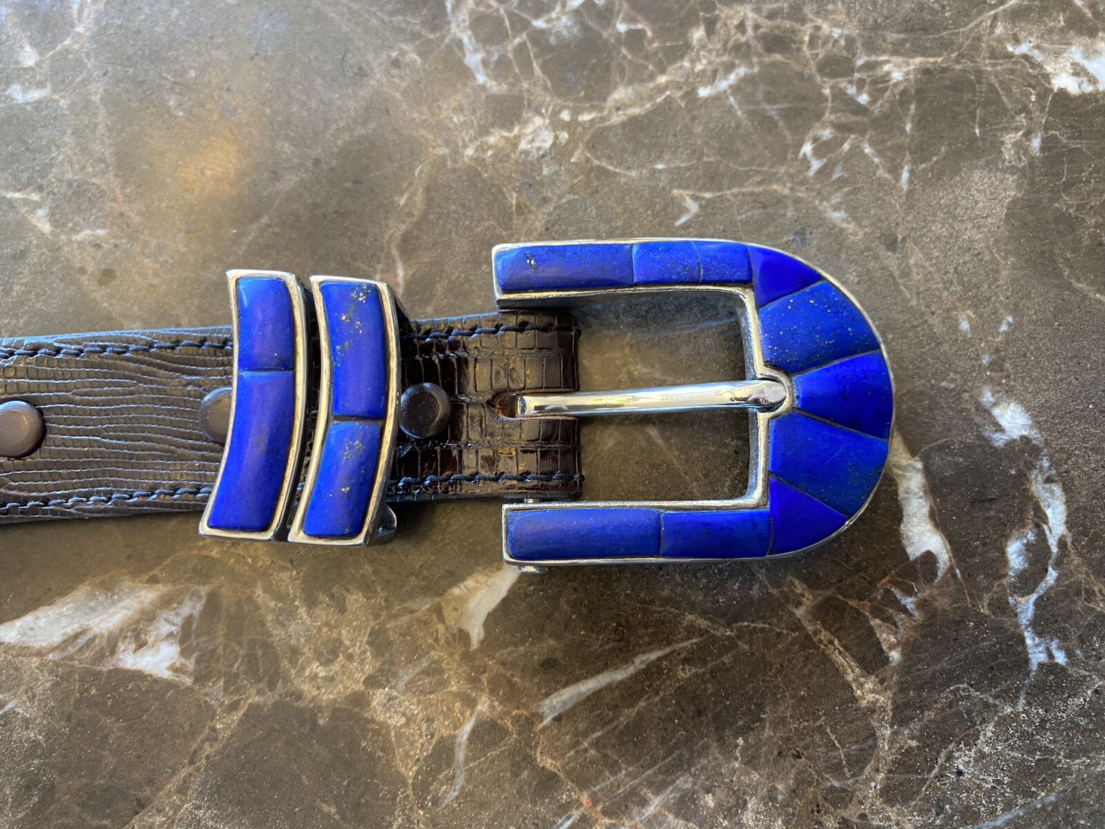 James Reid Sterling Silver Lapis Lazuli Stone Row belt buckle set ✅