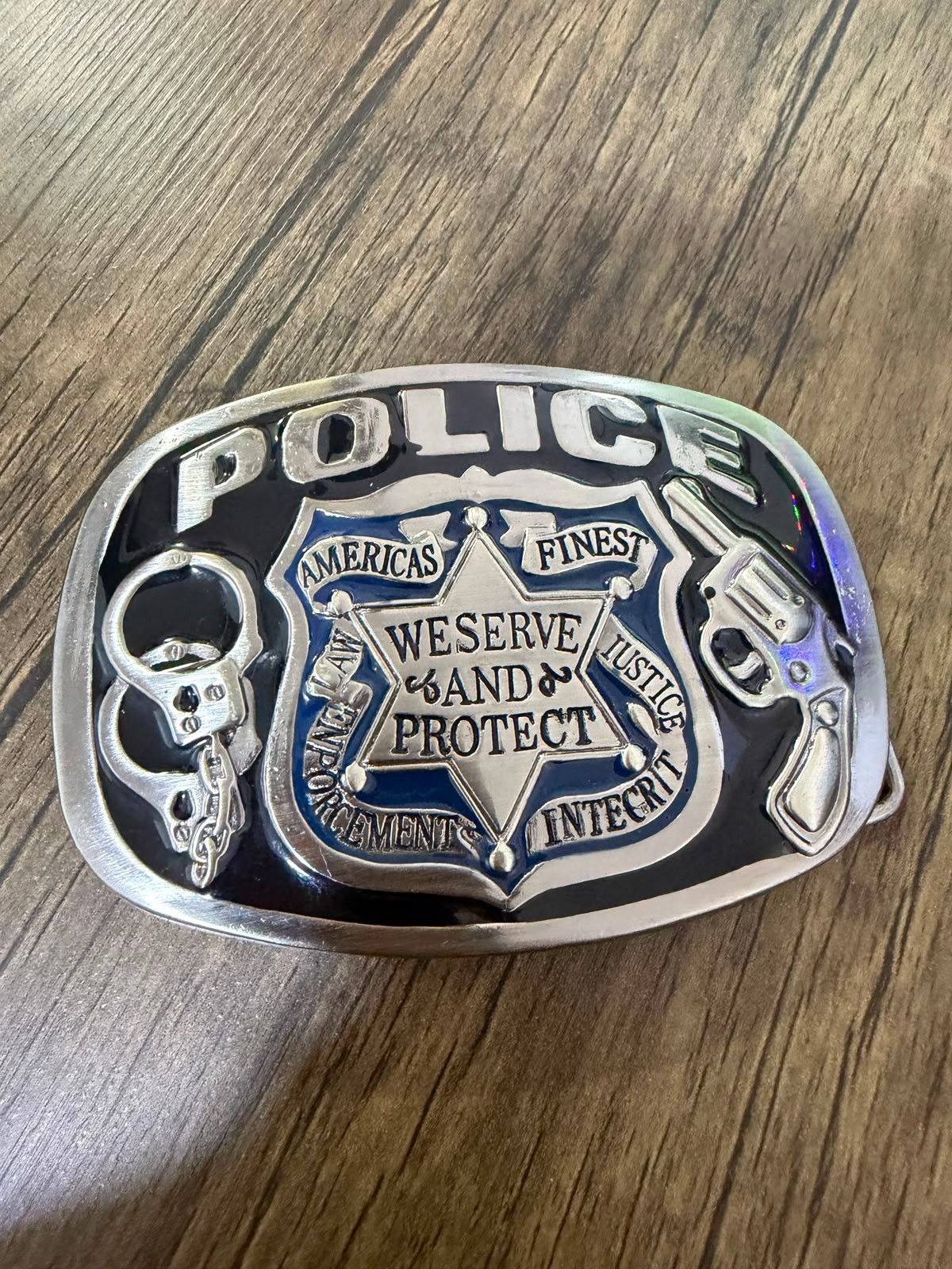 Vintage Police Belt Buckle We Serve And Protect Law Enforcement Handcuffs Revolv