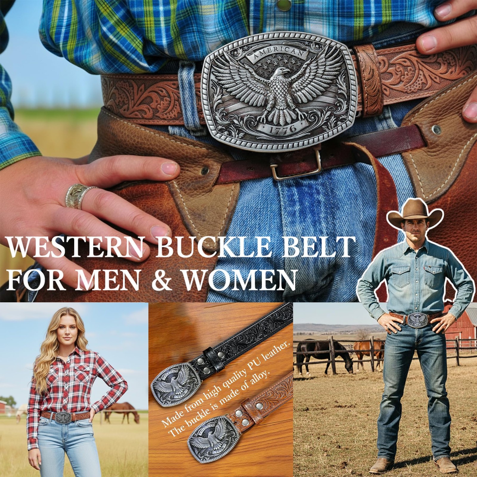 Brown Western Belts for Men Wasit 34&Prime;-36&Prime;, Silver Eagle/ Belt