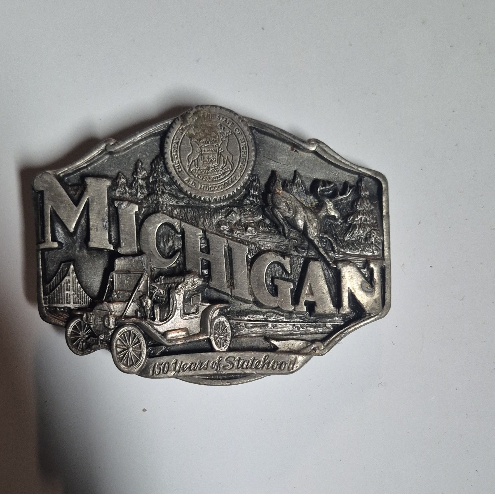 Lot of 3 Michigan 150 Years Statehood Limited Edition Silver Belt Buckles 1.5&Prime;
