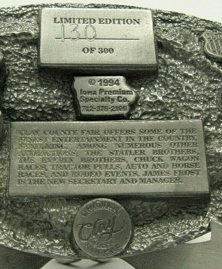 Clay County Fair Spencer Iowa 1994 Pewter Belt Buckle Limited Ed Entertainment
