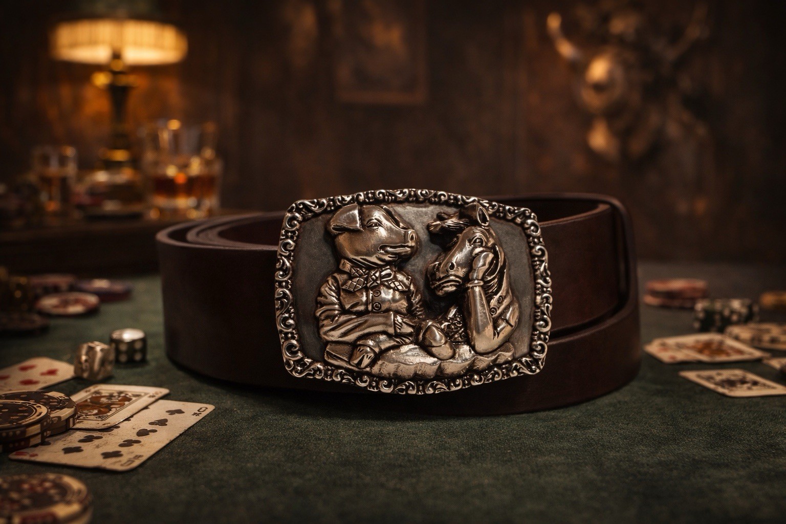 Pig and Horse Belt Buckle – Vintage Silver Finish