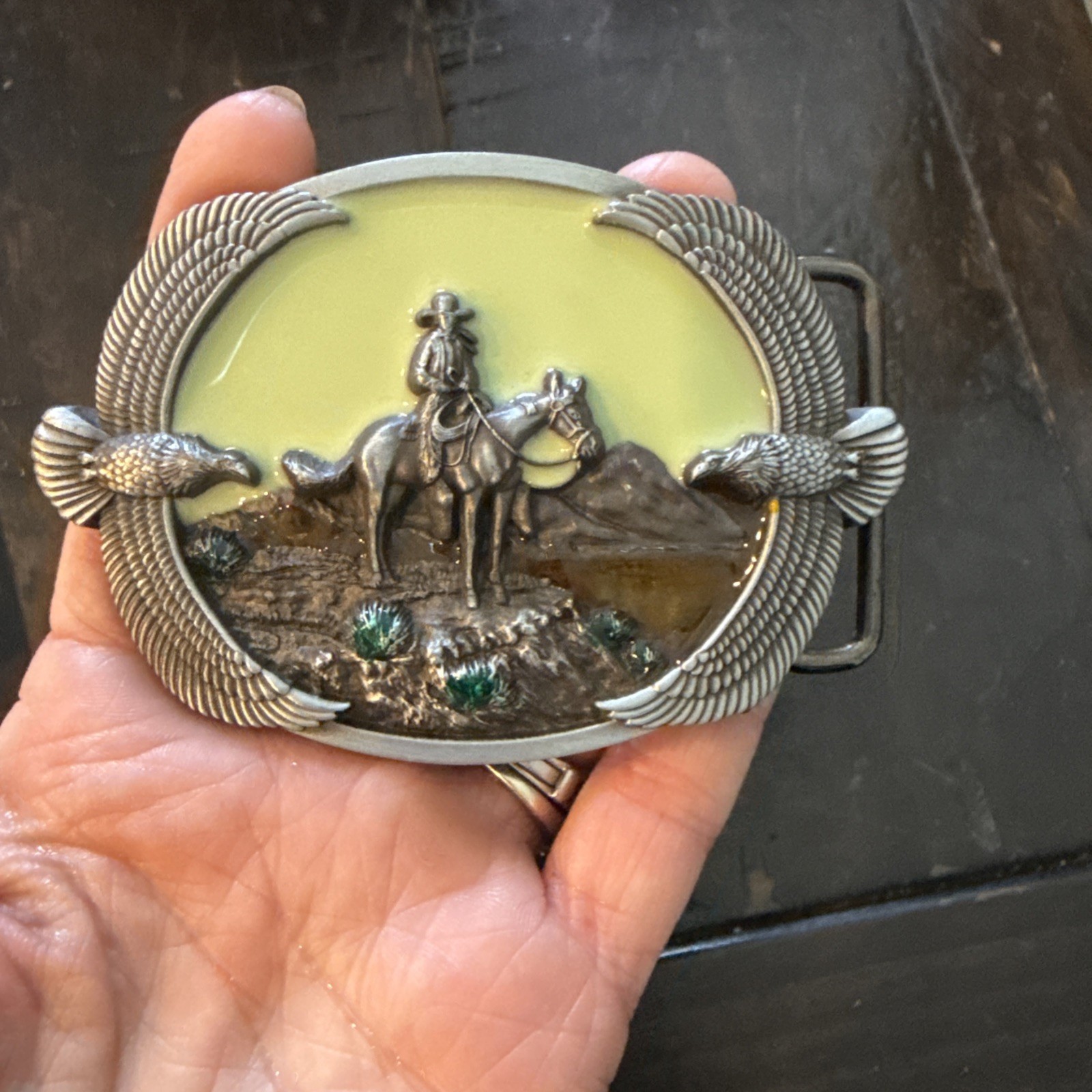 Western Cowboy on Horse Eagles Metal Belt Buckle With Enamel Background