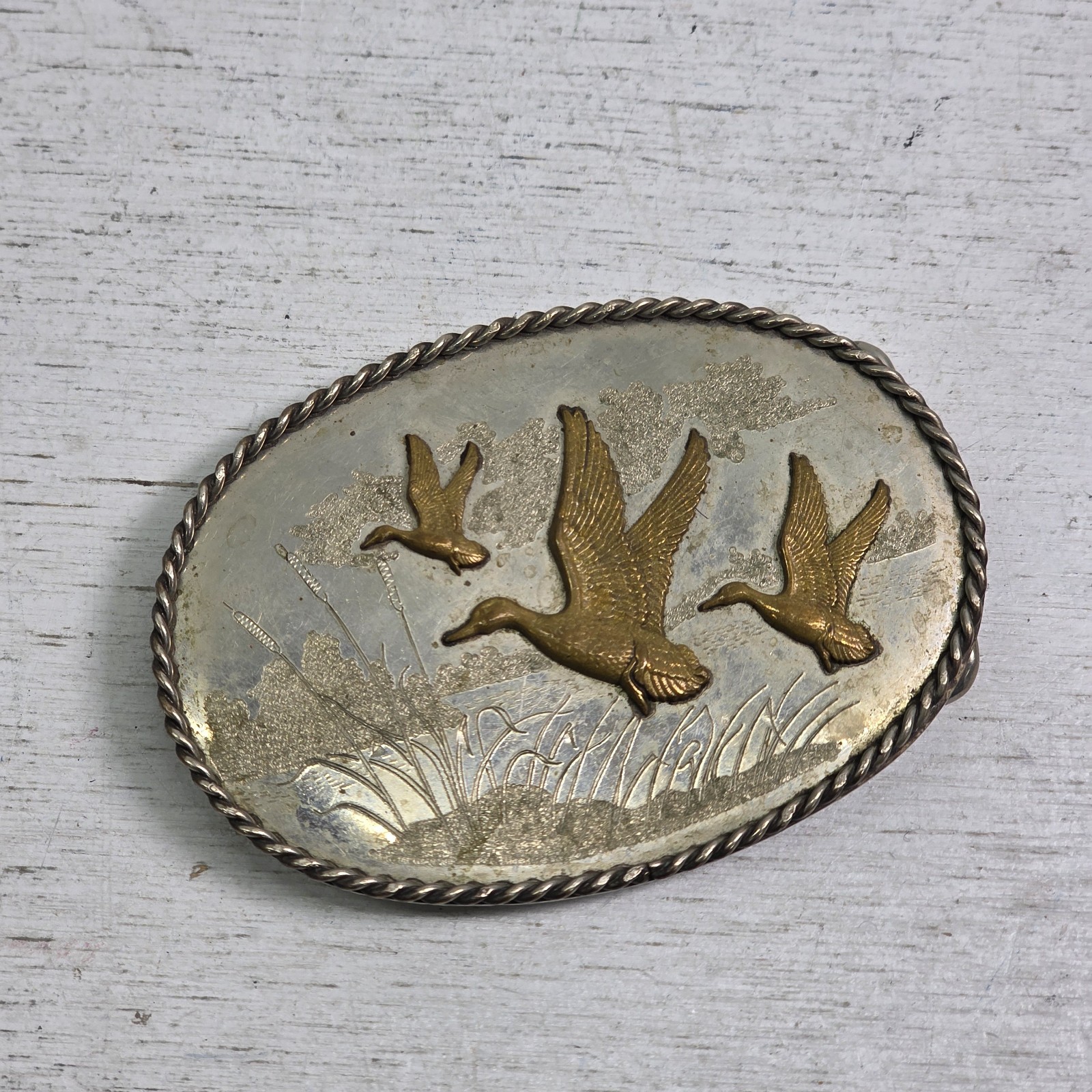 Vintage German Silver Enamel Mallard Duck Belt Buckle Engraved Western Rope Edge