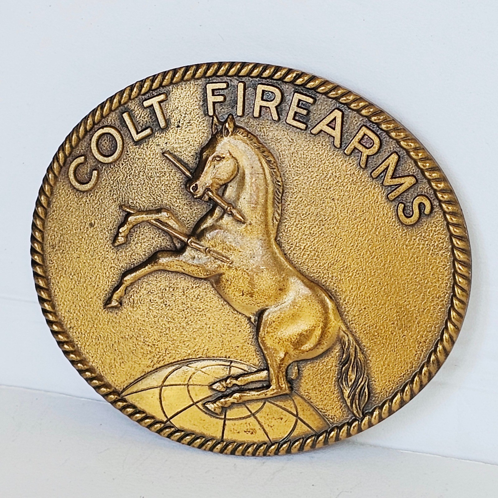 70&rsquo;s Colt Firearms Belt Buckle Signed Brass Tone Rampant Colt Horse Logo Western
