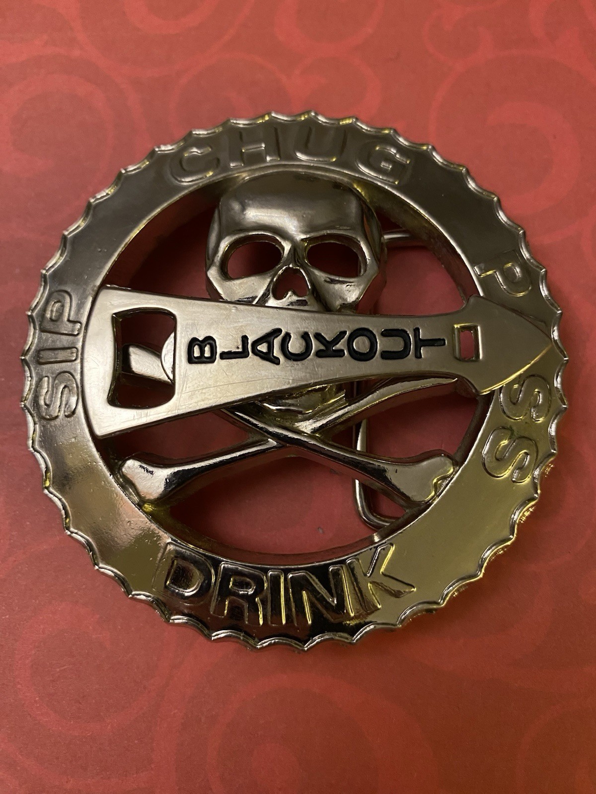 Vintage Skull & Crossbones Drinking Game with Spinner Belt Buckle
