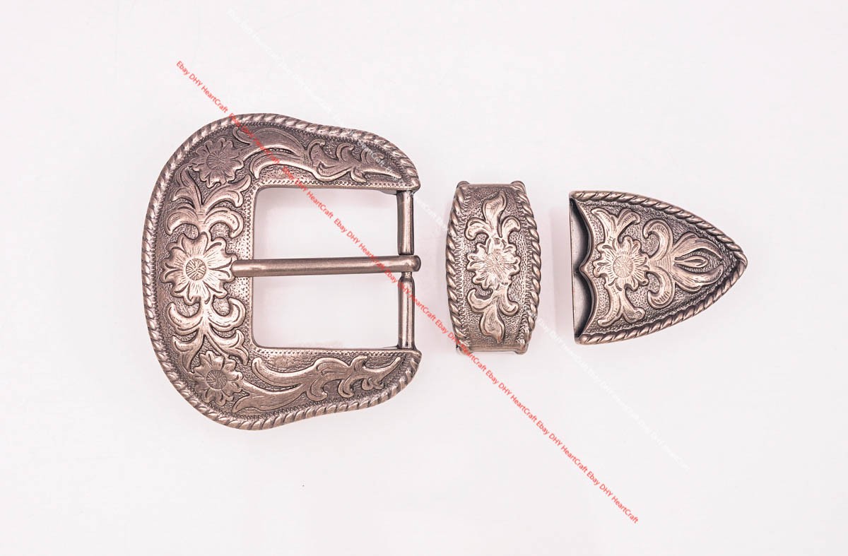38mm Western Antique Silver Cowboy Flower Leather Belt Buckle 3 Piece Set Men