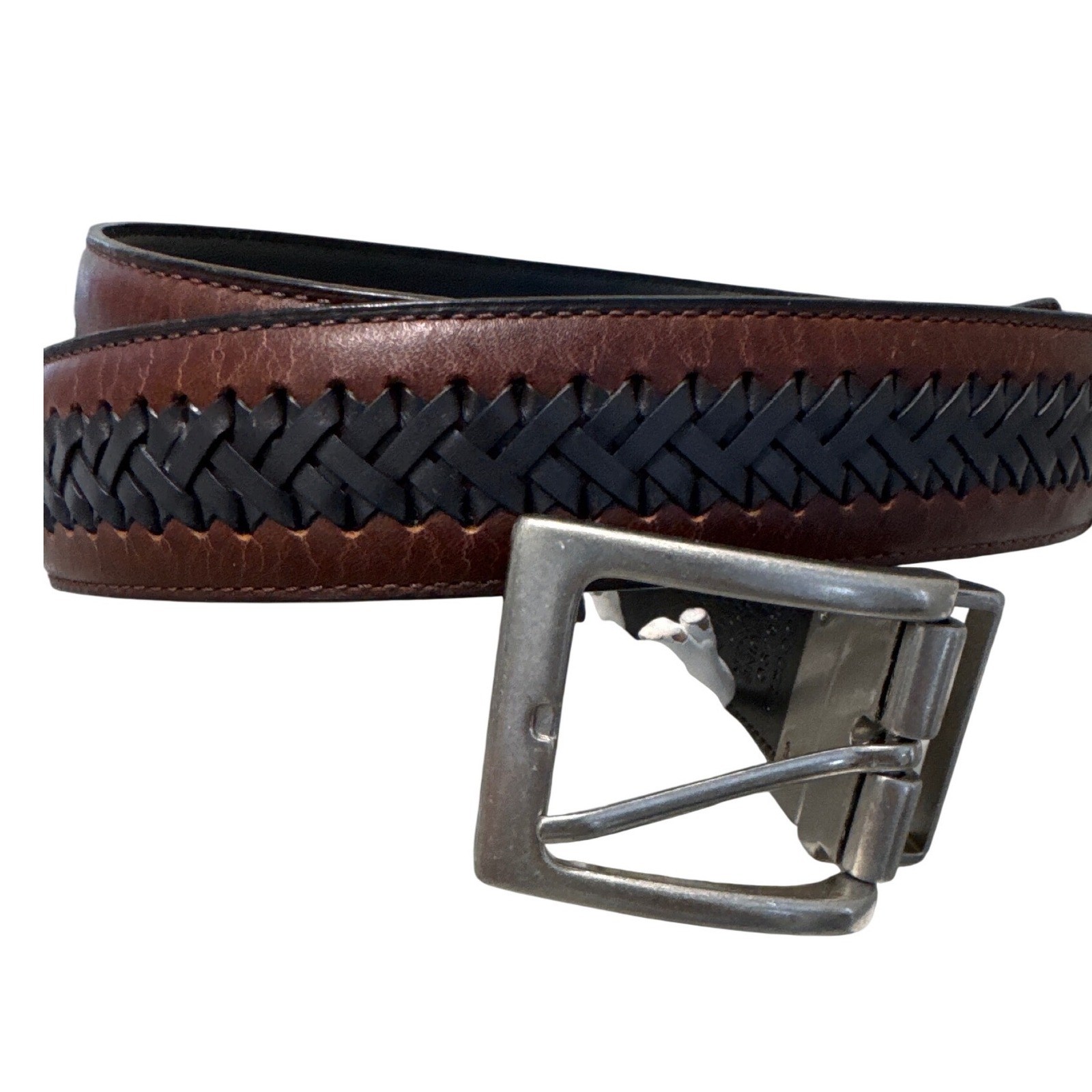 Columbia Men&rsquo;s Reversible Leather Belt Black Woven Center Braid Inlay sz 36