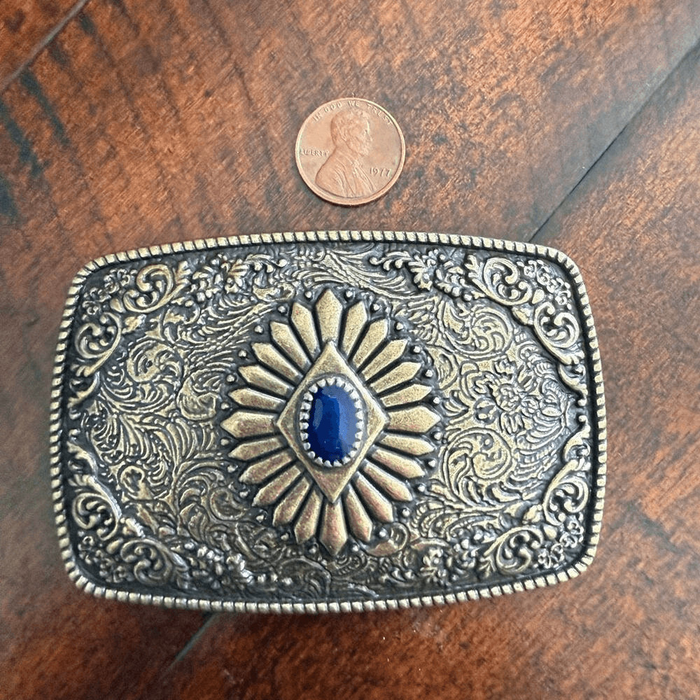 Western Antique Brass Tone Concho Buckle with Turquoise Accent