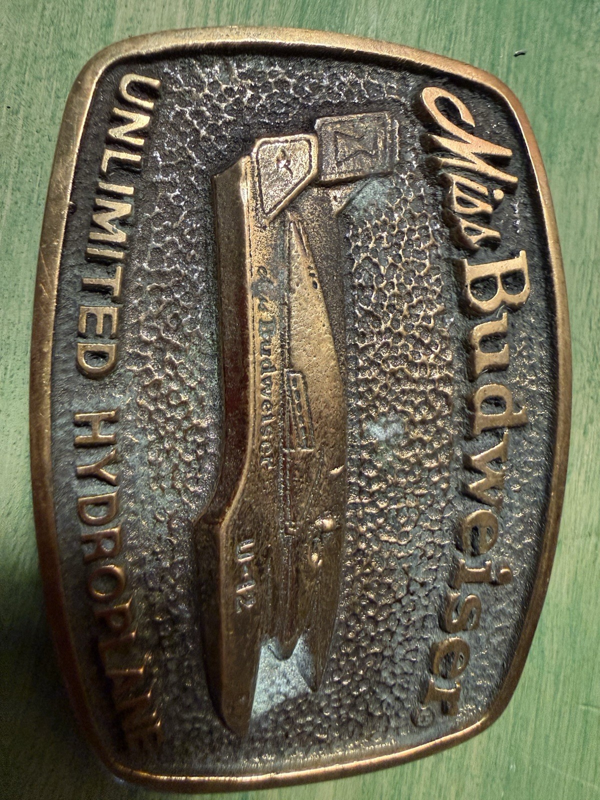 Vintage USA Made MISS BUDWEISER Belt Buckle UNLIMITED HYDROPLANE