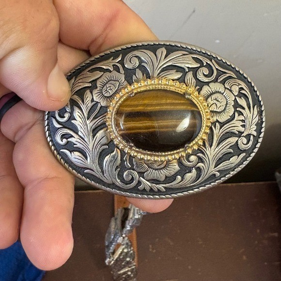 Vintage Leather Metal Eagle Cowboy Western Belt w/Tigers Eye Stone Buckle