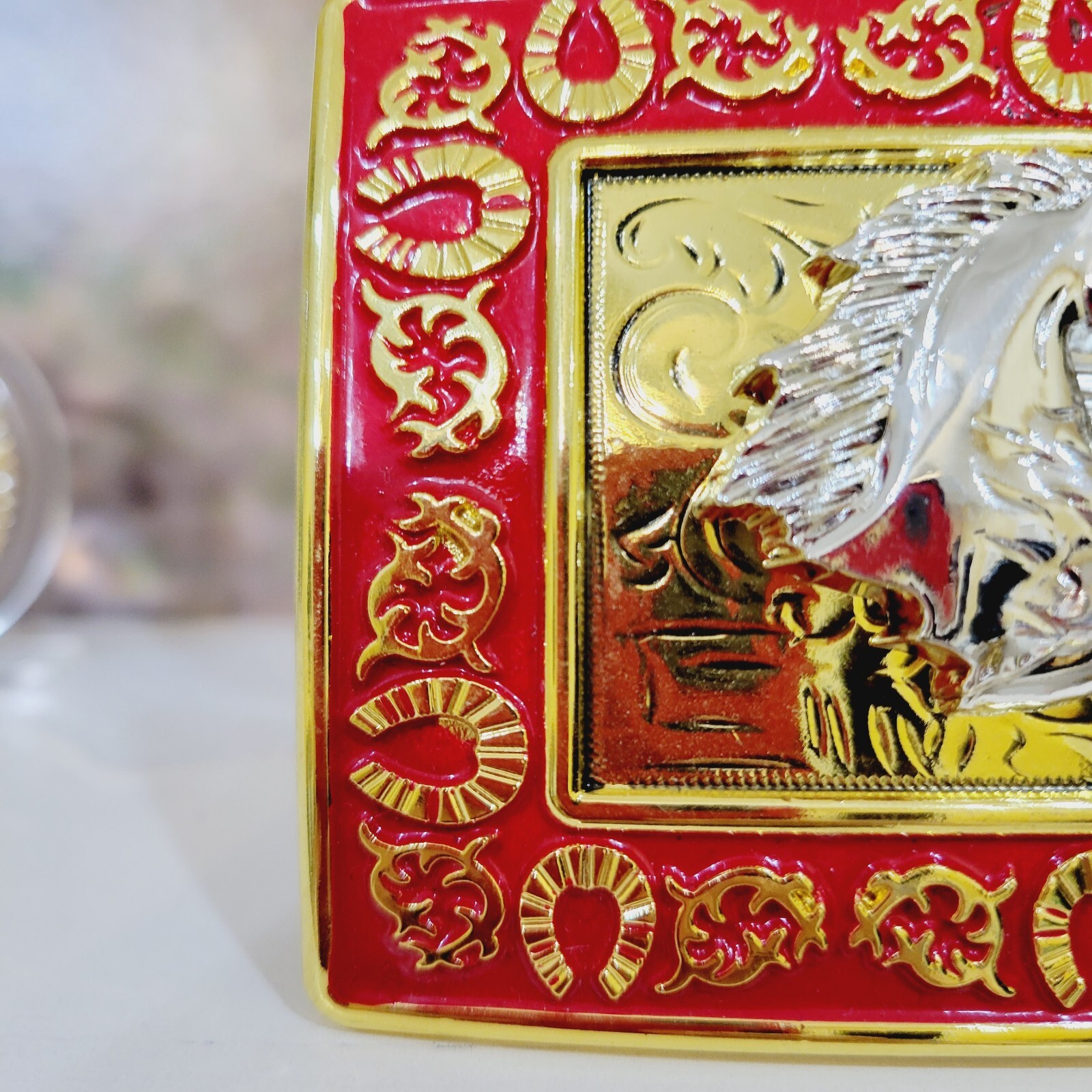Running Horses Western Buckle Sturdy Thick Square Gold and Red Zinc Alloy