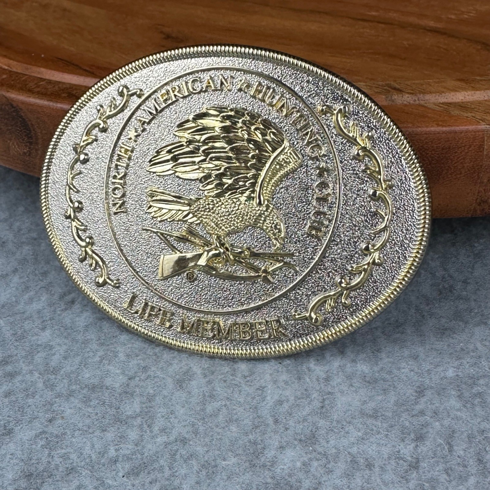North American Hunting Club Life Member Belt Buckle Gold Silver Eagle Rifle Oval