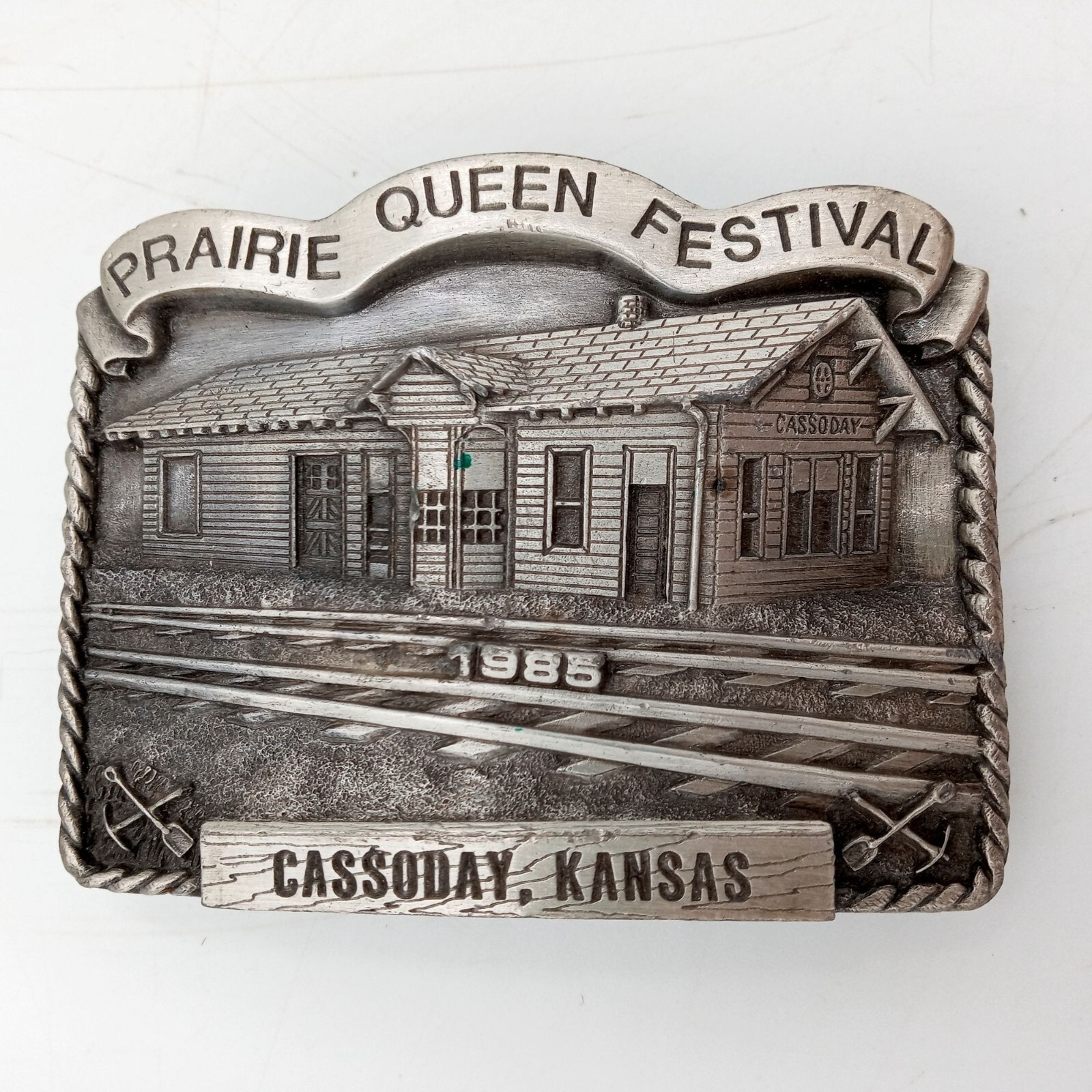 ATSF Train Depot Belt Buckle Cassoday KS 1985 Prairie Queen Festival Vintage