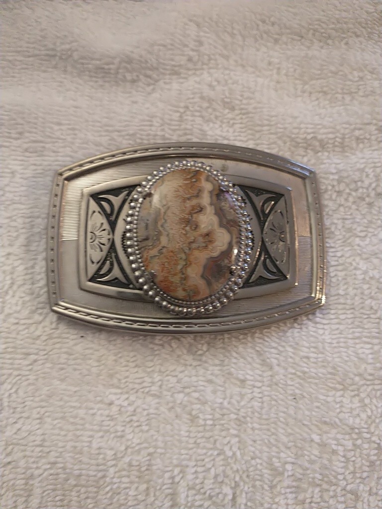 VTG Silvertone Belt Banded Agate Stone Cowboy Cowgirl Western Belt Buckle