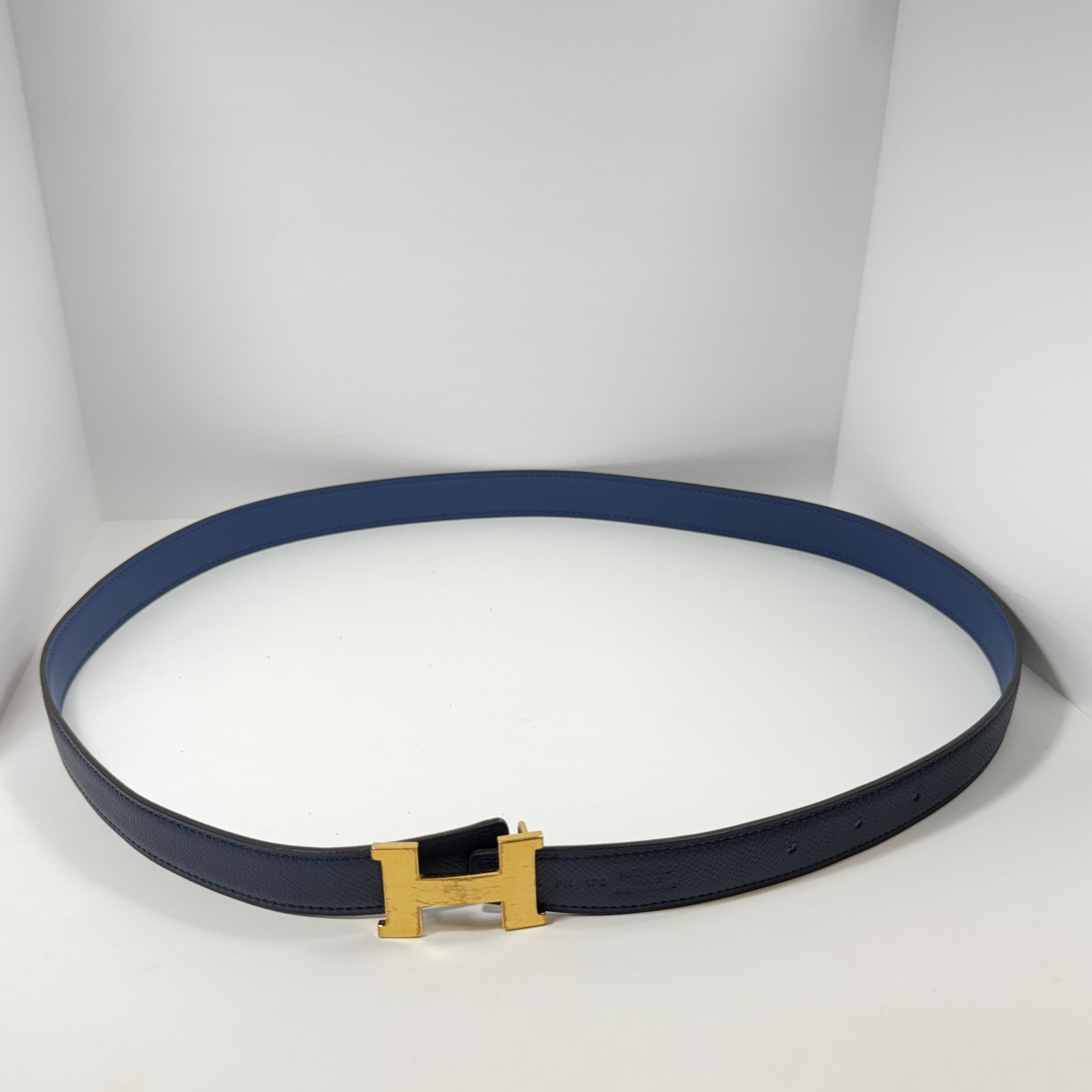 Authentic HERMES H Logo Reversible Belt Strap Blue Gold Tone Buckle Kit 85