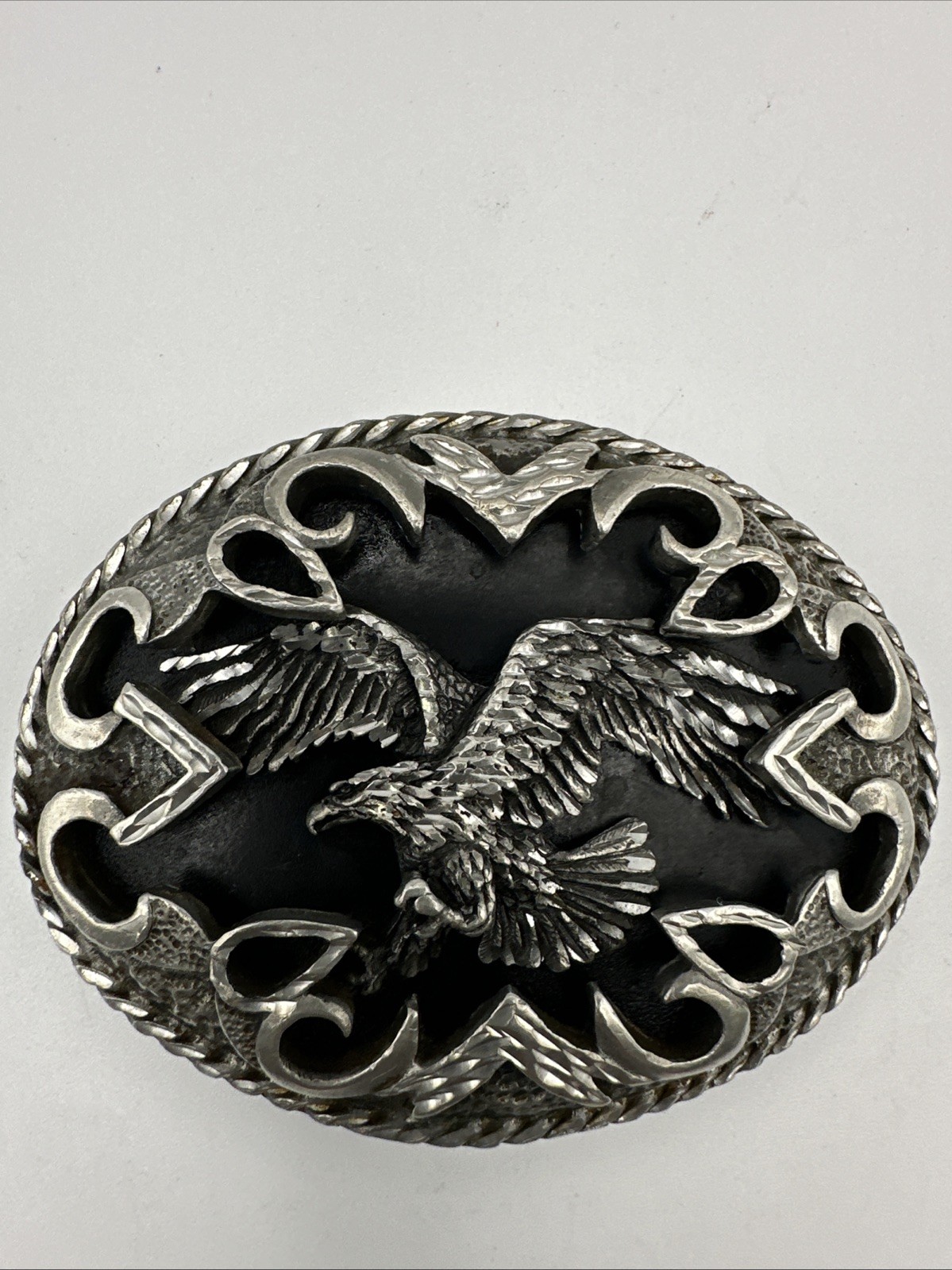 Vintage EAGLE BELT BUCKLE BLACK SHADOW 3 1/2 X 2 3/4 PEWTER. U.S.A Made Legends