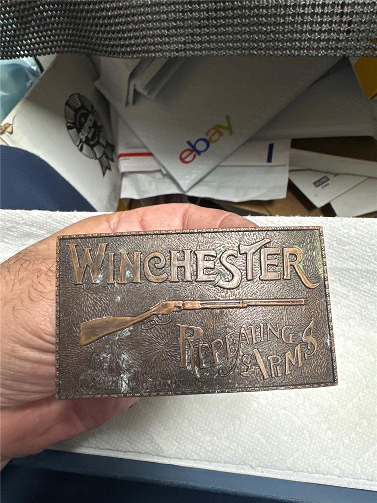 Two Vintage Brass Winchester Repeating Arms Belt Buckles New Haven Conn