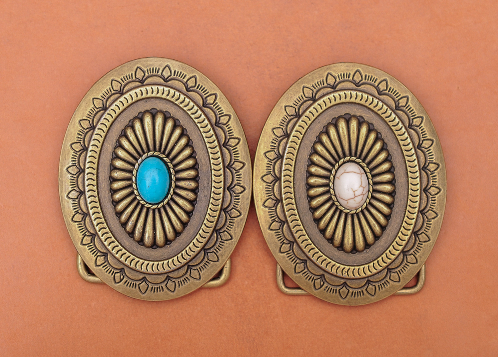 Antique Brass Western cowboy Flower Pattern Turquoise Leathercraft Belt Buckle