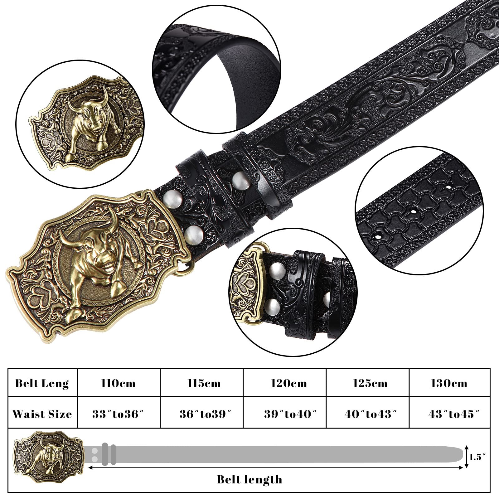 Western Belt Leather Belt with Buckle Cowboy Buckle Belt with Longhorn S…