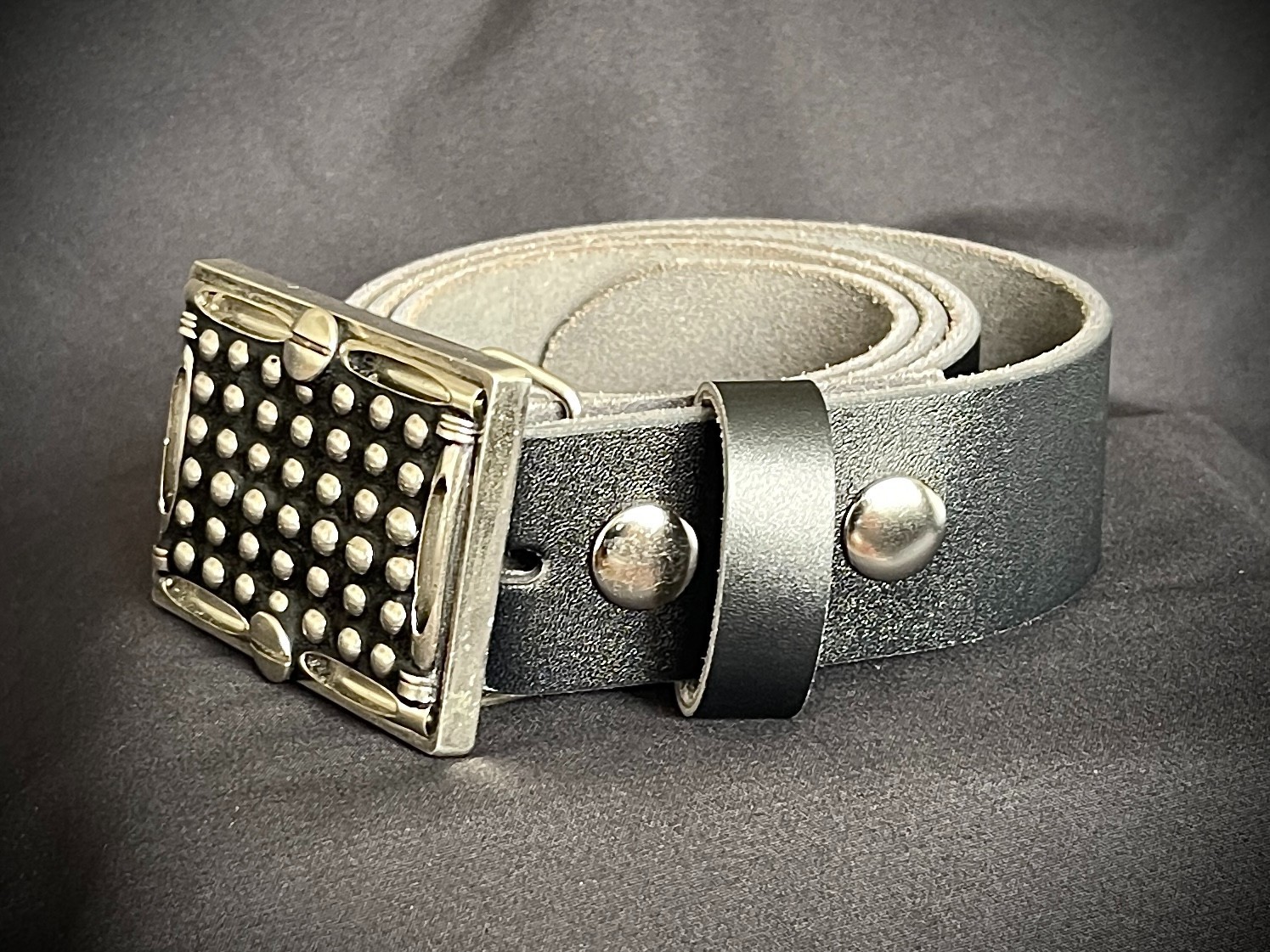 Studded Belt Buckle Leather Inlay Industrial OOAK 2.75&Prime; Darren McNeese