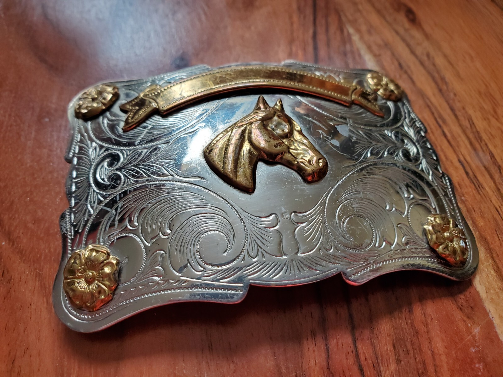 Rockmount Denver CO Silver Nickel Western Horsehead Medallion Belt Buckle