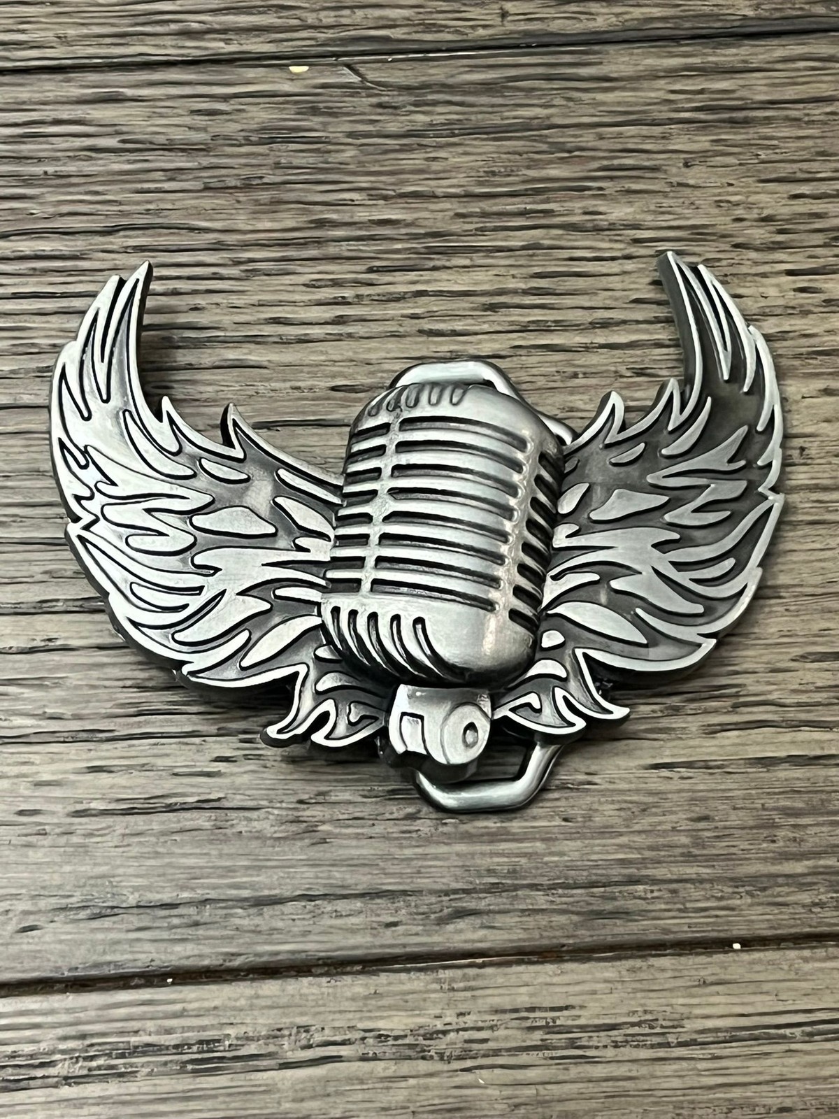 Microphone Wing Belt Buckle Mens Metal 3in Silver Vintage Rockabilly Music