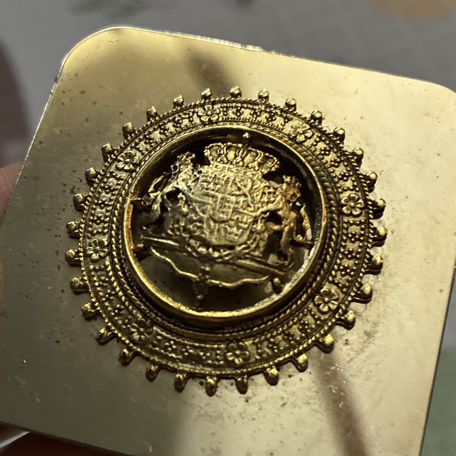 Gold Tone Metal Slide Belt Buckle Coat of Arms Crest Medallion