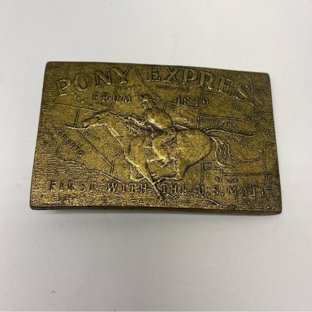 Vintage Pony Express Belt Buckle Mens OS Gold Brass Western Rider 1849 Map