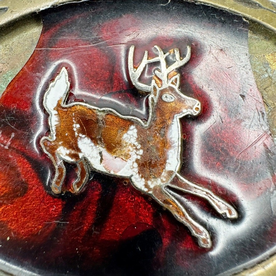 Vintage Aminco 1980 Solid Brass Deer Belt Buckle Red Black Enamel Oval Laurel