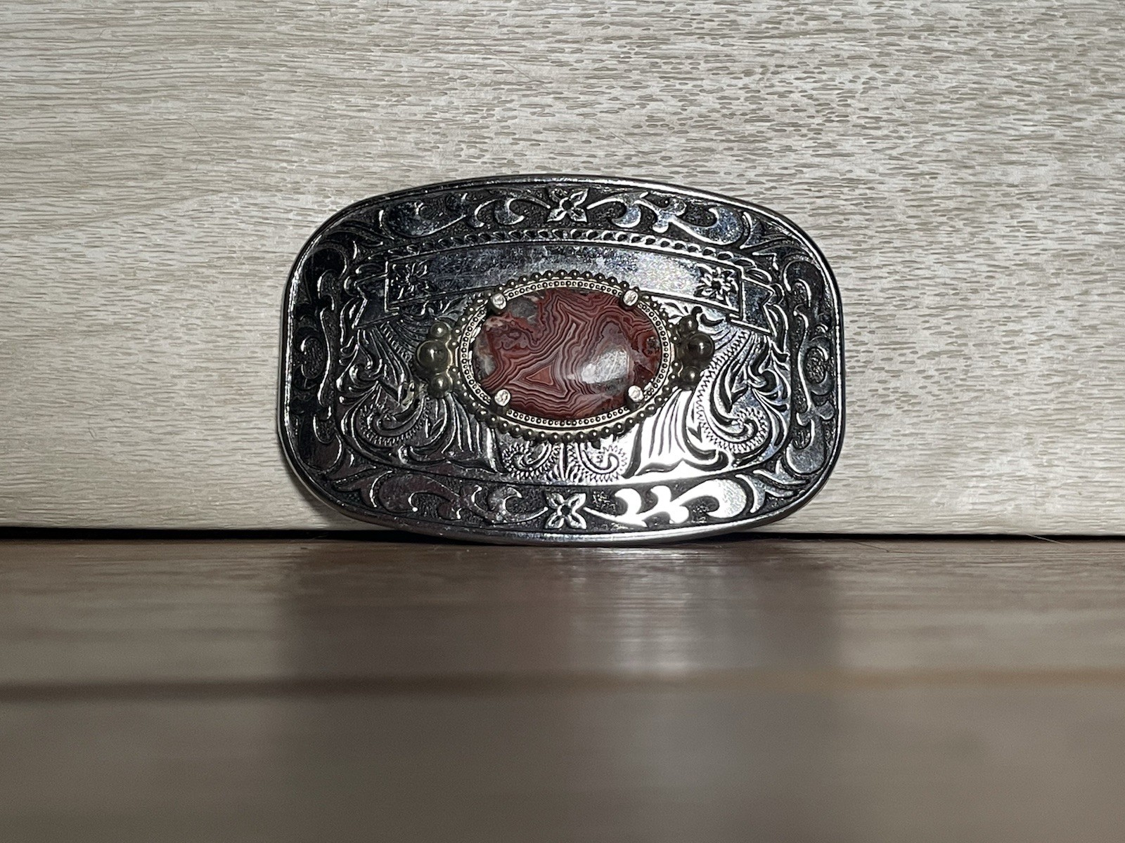 VTG Western Country Silver Tone Rhodochrosite Stone Belt Buckle 3.25&Prime; x 2&Prime;