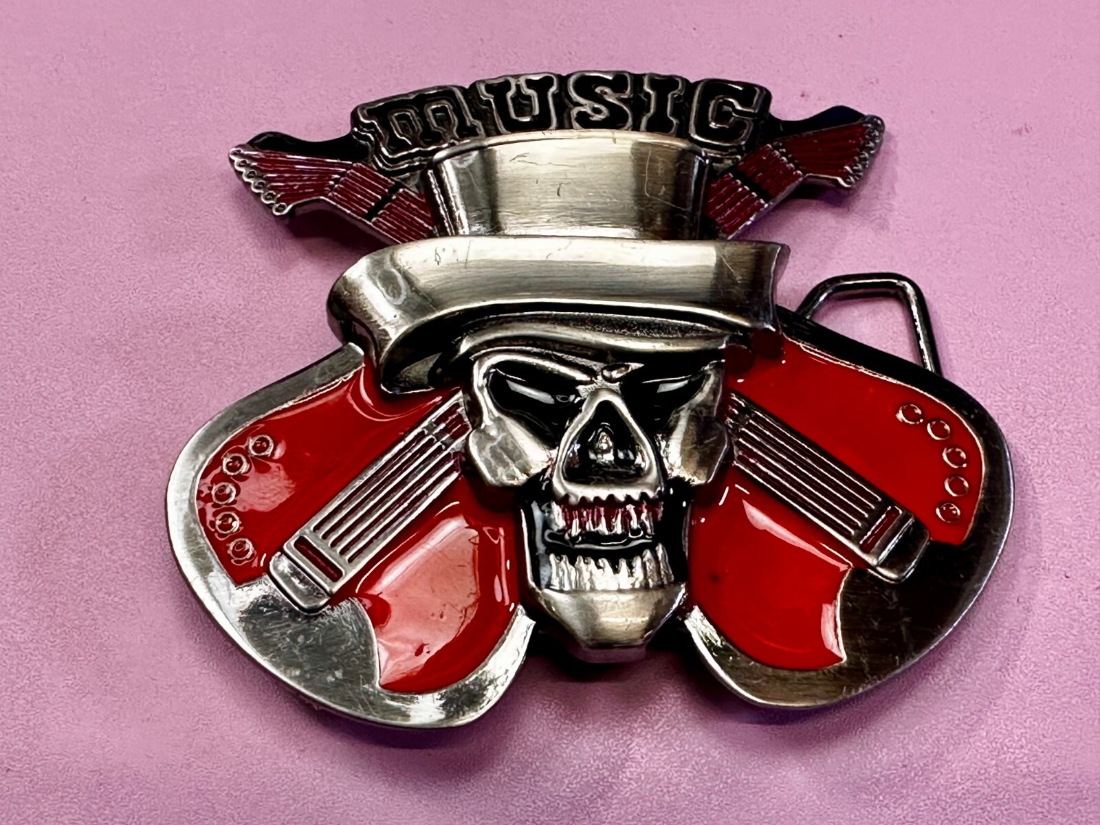 MUSIC Skull in Fedora Hat Crossed Electric Guitars Musician Rockstar Belt Buckle