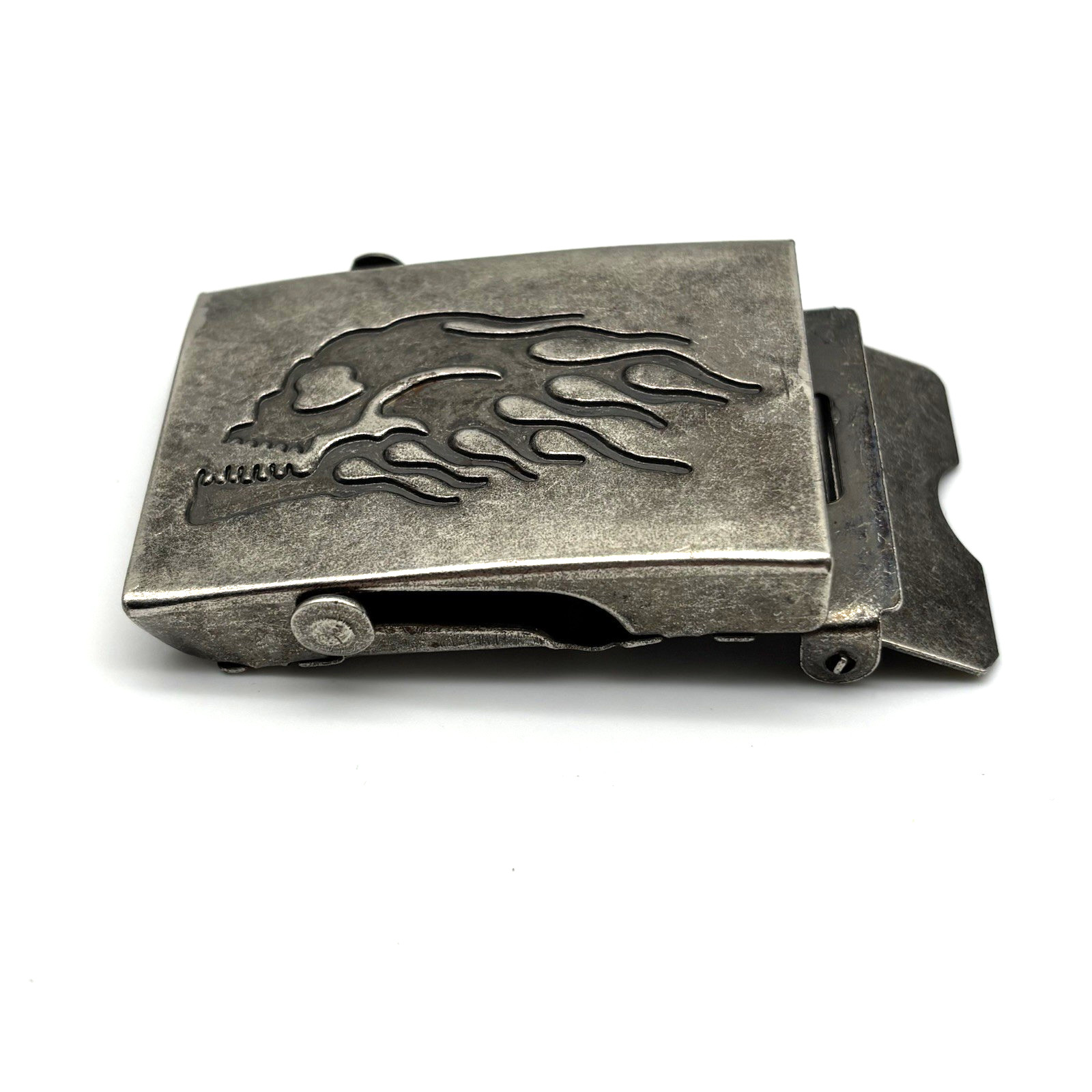 Vintage 90s Silver-tone Metal Flame Skull Military Slide Buckle for 1.5&Prime;Web Belt