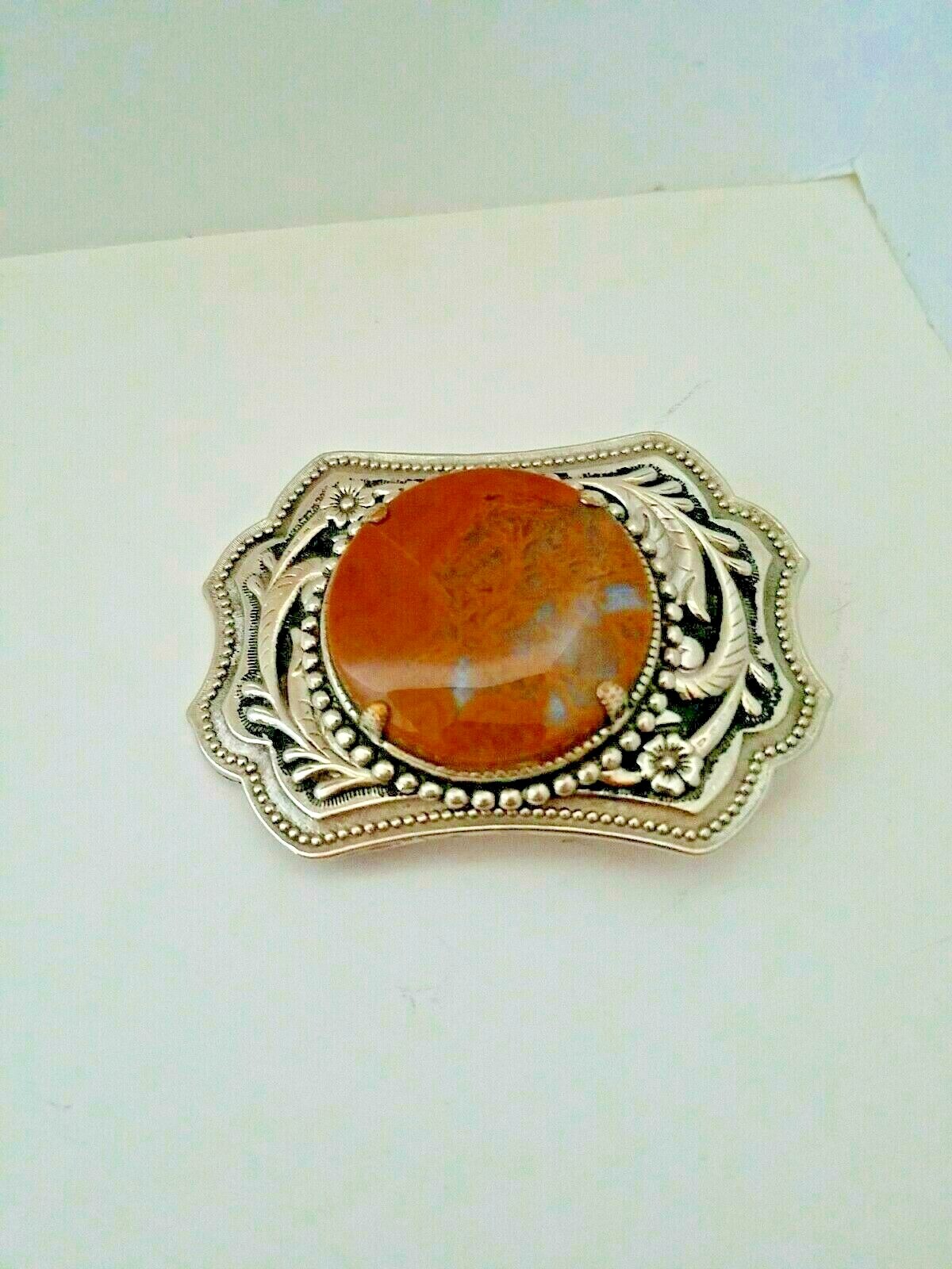Belt Buckle Silver Tone Brown Polished Stone Flower Etched