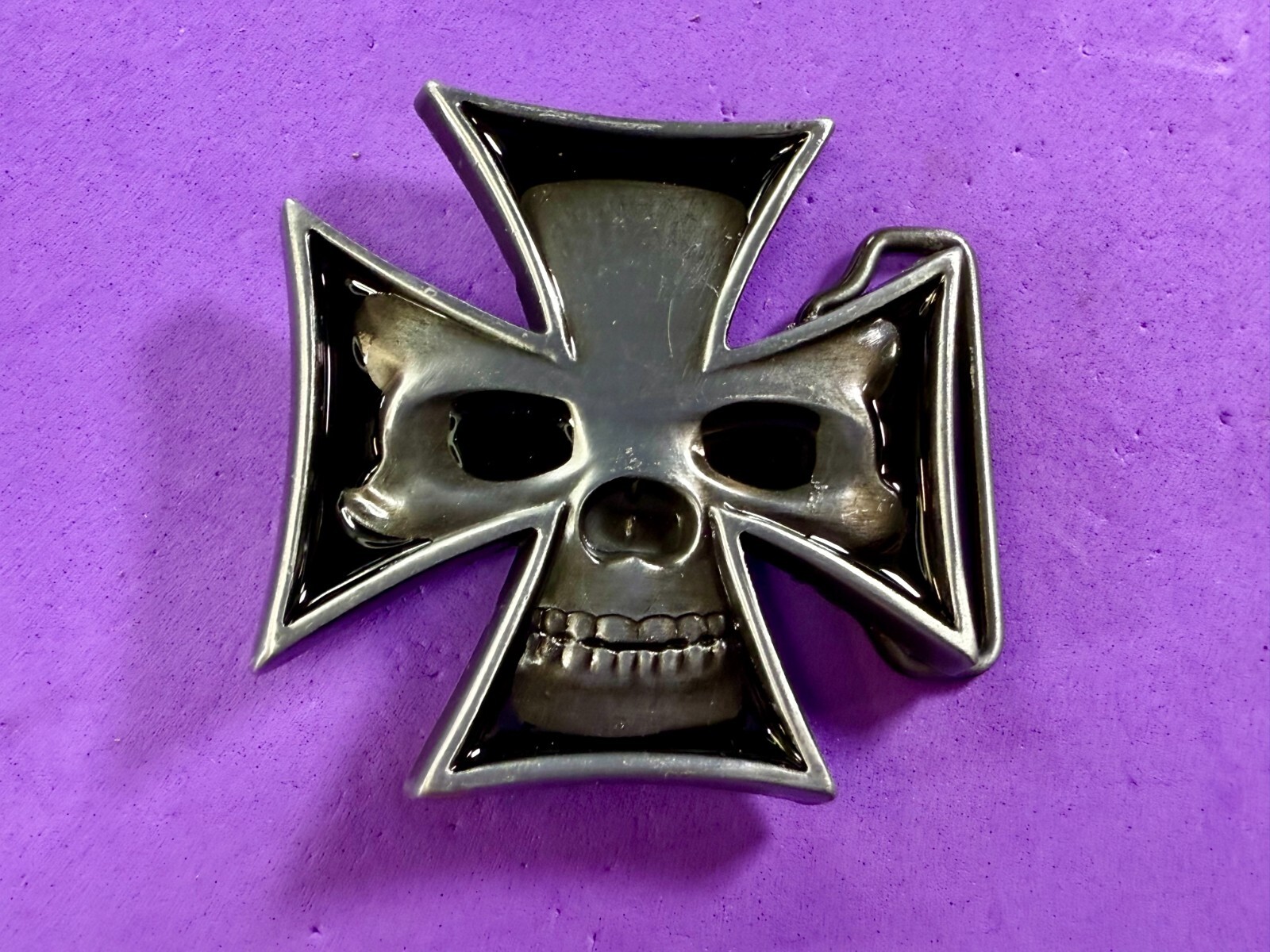 Maltese Iron Cross with Skull Reflective Cutout Gothic Punk Vibe Belt Buckle