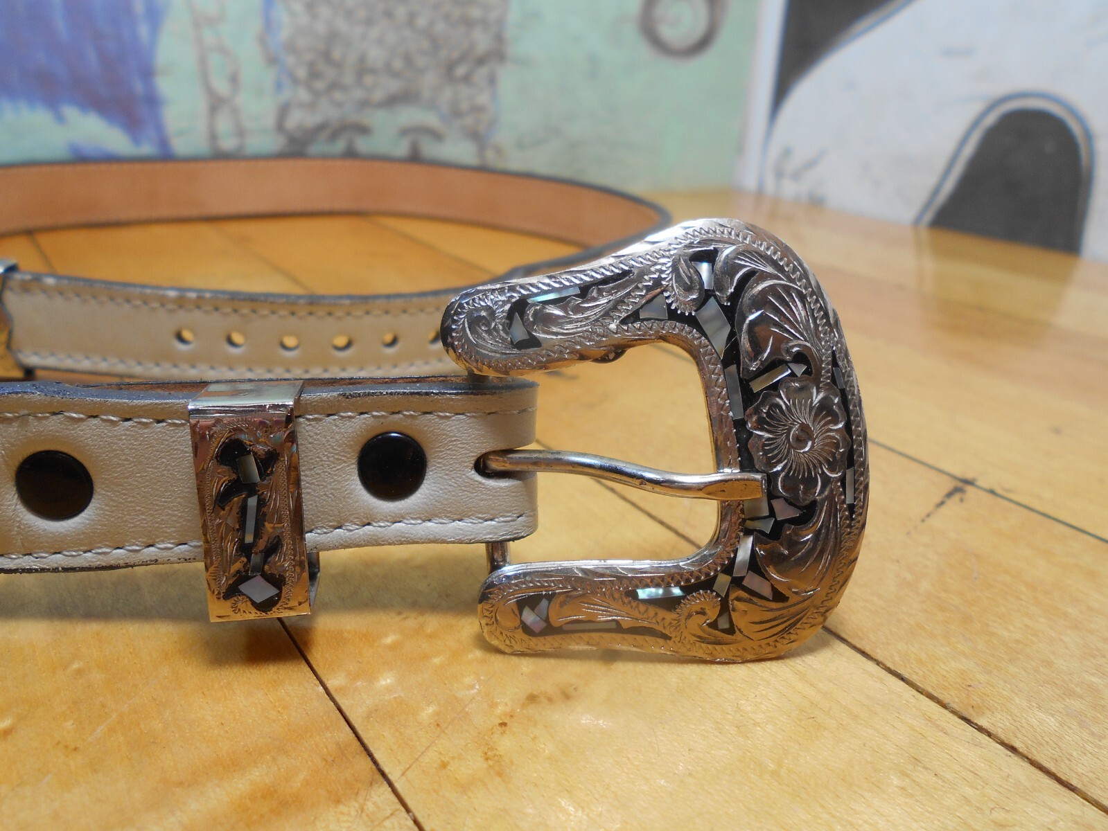 Alpaca Mexico 3-Piece Buckle Set w/ Justin Ivory Leather Belt Size 30
