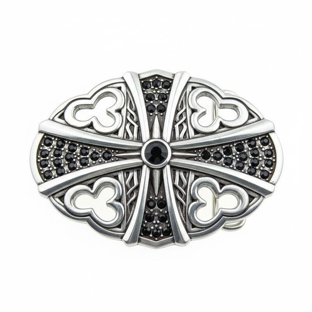 Oval Gothic Cross Belt Buckle in Antique Silver with Black Crystals