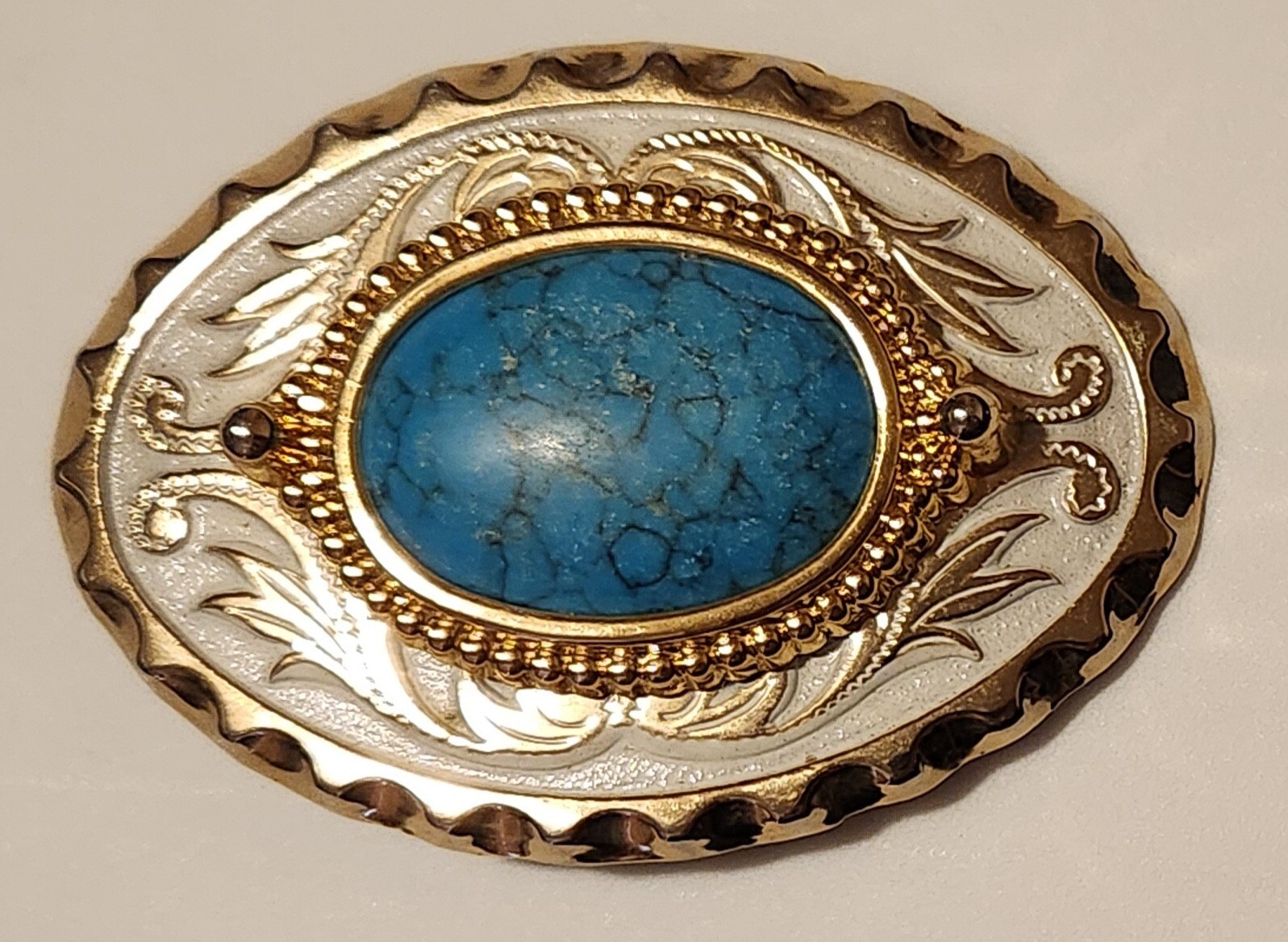 Vtg Faux Turquoise, Chrome, Gold & White Oval Belt Buckle Fits 1-1/2 in Belt NOS