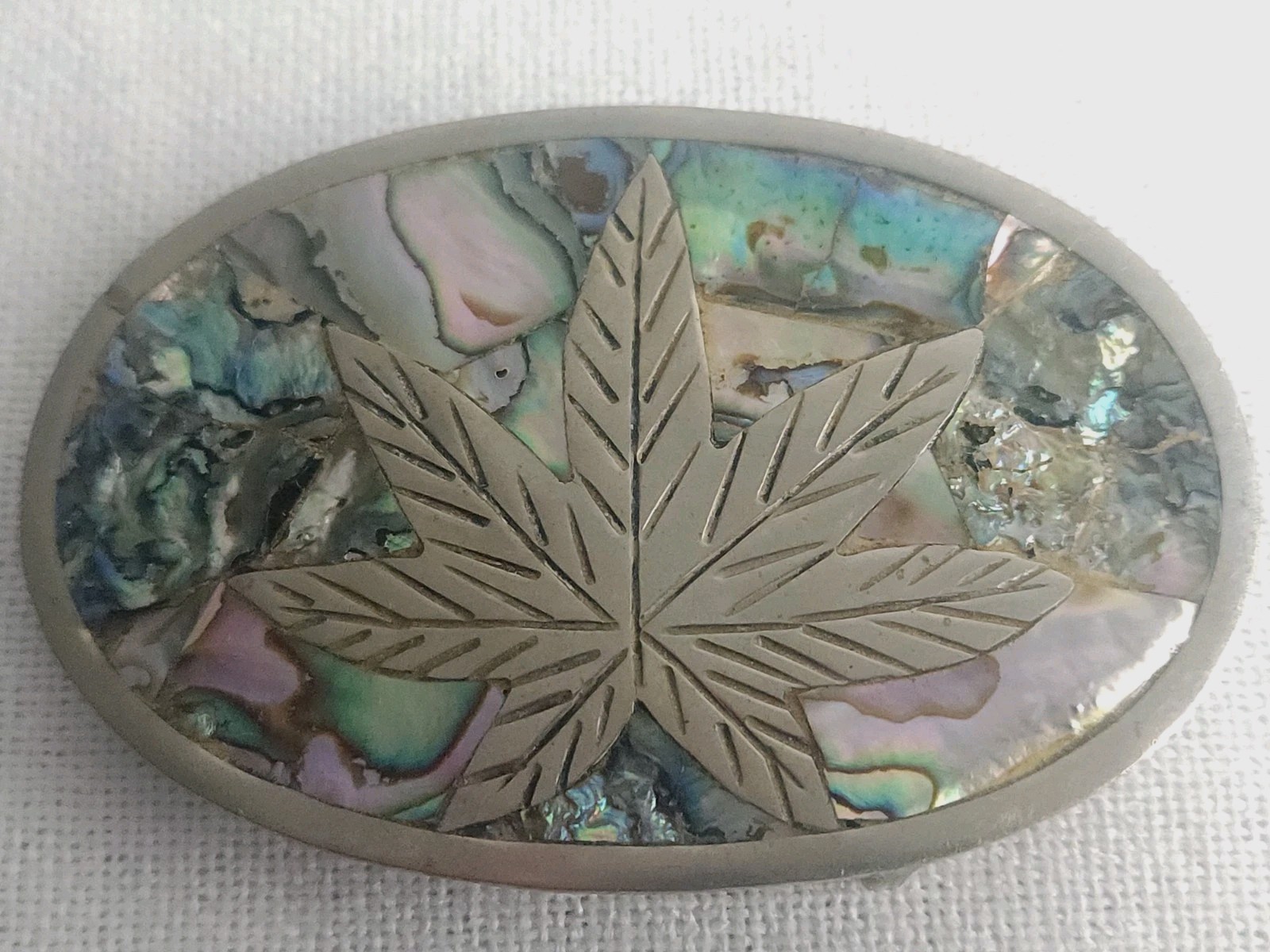 VTG Belt Buckle Mexican Abalone Inlay Silver Marijuana Leaf 420 Weed Cannabis