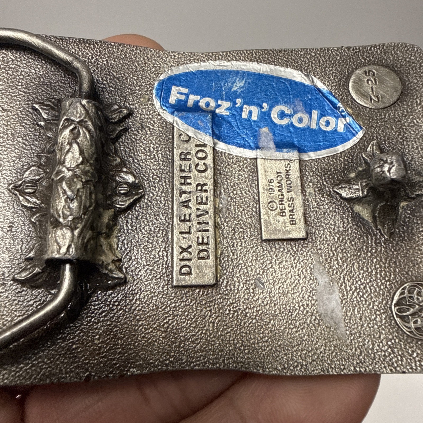VTG 1976  » COLORADO  » BERGAMOT Brass Works Enamel DIX Leather BELT BUCKLE – NICE